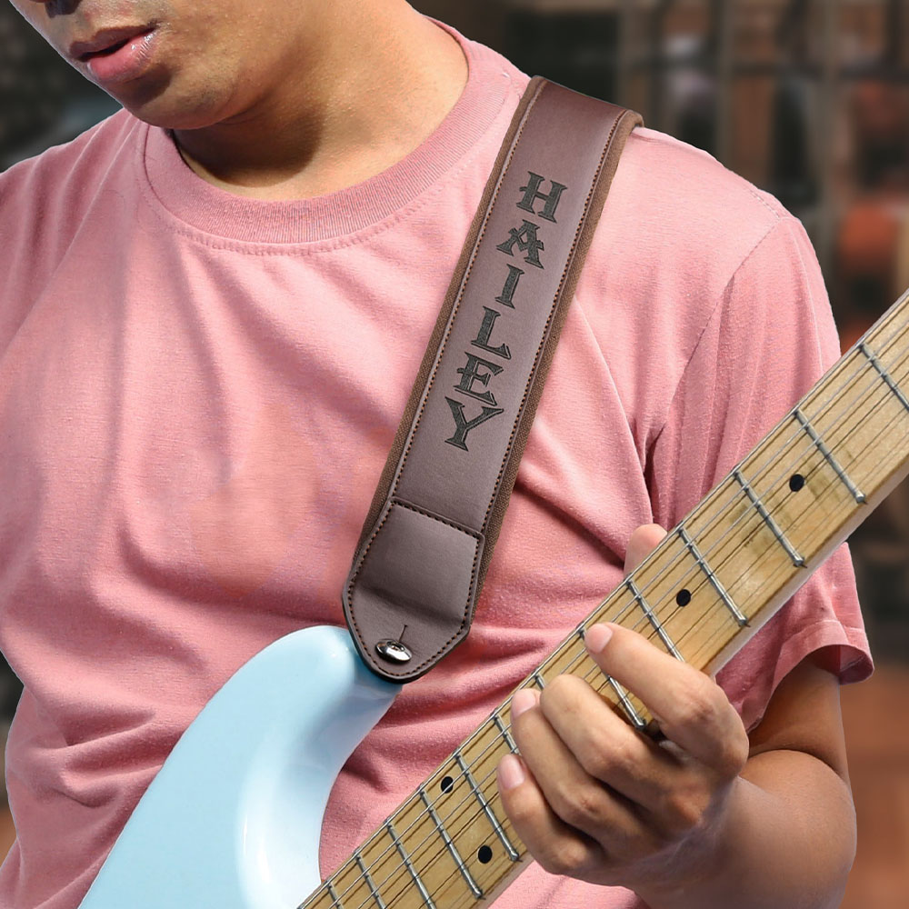 Courroie de Guitare en Cuir Personnalisée avec Initiales Nom ou Logo Gravé Sangle Ajustable et Douce Cadeau Anniversaire pour Musicien Guitariste