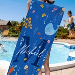 Personalised Quick Dry Ocean World Oversized Microfiber Kid Beach Towel with Initial and Name Summer Travel Essential Gift for Boys Girls