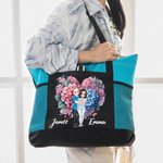Personalized Cartoon Hugging Couple Heart Shaped Flower Large Canvas Tote Bag with Mesh Valentine's Day Anniversary Gift for Couple