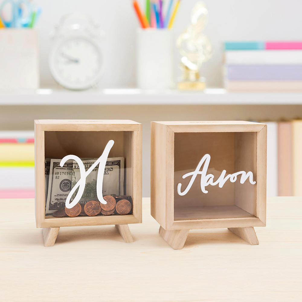 Tirelire en bois transparent avec entrée coulissante Décoration de la chambre d'enfant Cadeau d'anniversaire pour garçons filles