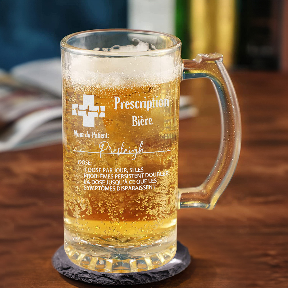 Verre à Bière Whisky Personnalisé avec Nom de l'Alcool et du "Patient" Dessous de Verre en Ardoise à Choix Cadeau Anniversaire Noël pour Homme