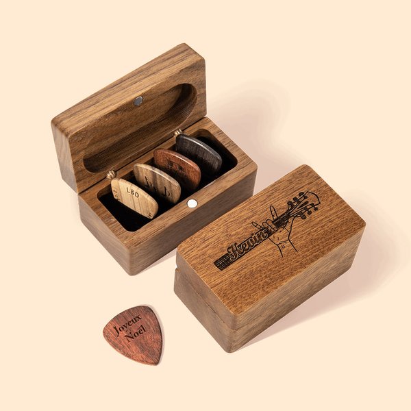Boîte de Rangement en Bois Magnétique Personnalisée avec Texte et Motif Gravés Pics de Guitare à Choix Cadeau Anniversaire pour Musicien Guitariste
