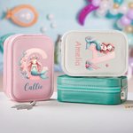 Personalized Fantasy Mermaid Initial Number Travel Jewelry Box with Name Changing Color LED Makeup Mirror Valentine's Day Birthday Gift for Girls