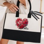 Personalised Floral Heart Black and White Canvas Large Tote Bag with Name Valentine's Day Birthday Anniversary Gift for Women