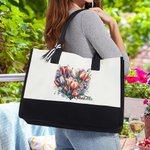 Personalised Floral Heart Black and White Canvas Large Tote Bag with Name Valentine's Day Birthday Anniversary Gift for Women