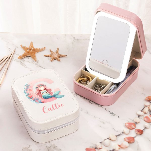 Personalized Fantasy Mermaid Initial Number Travel Jewellery Box with Name Changing Colour LED Makeup Mirror Valentine's Day Birthday Gift for Girls