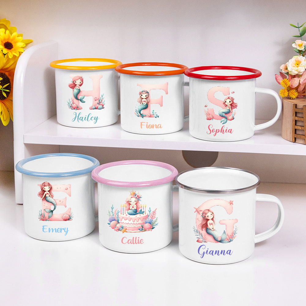 Tasse en émail personnalisée avec nom et initiale de sirène, cadeau d'anniversaire pour fille.
