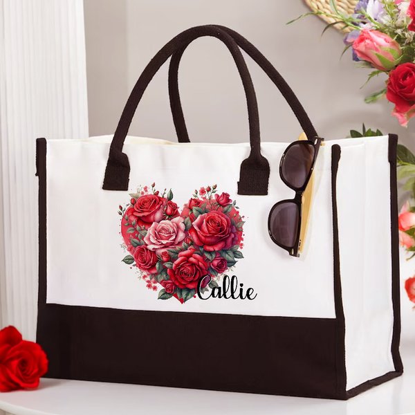 Personalized Floral Heart Black and White Canvas Large Tote Bag with Name Valentine's Day Birthday Anniversary Gift for Women