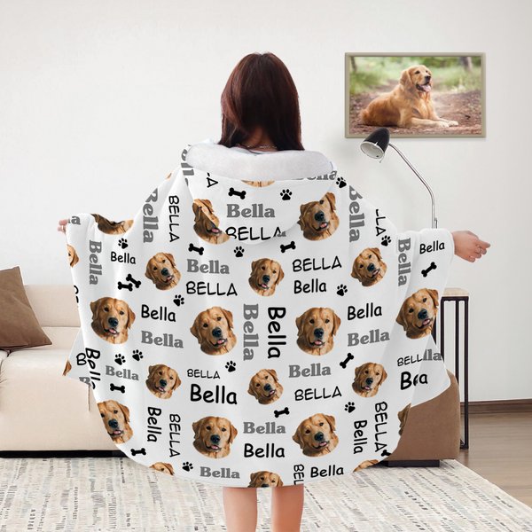 Personalised Cute Dog Cat Photo Avatar Paw Print Bone Soft Hooded Blanket with Name Multicolour Birthday Gift for Pet Lovers