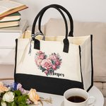 Personalised Floral Heart Black and White Canvas Large Tote Bag with Name Valentine's Day Birthday Anniversary Gift for Women