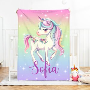 Coperta personalizzata  con nome e fantasia unicorno morbida biancheria per cameretta regalo di compleanno per neonati e bambini