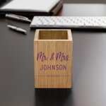 Portabolígrafos de bambú personalizado Organizador de escritorio con nombre y fecha Decoración de hogar de oficina Regalo de San Valentín para parejas