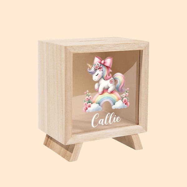Personalized Rainbow Floral Fantasy Unicorn Wooden Money Box Piggy Bank with Name Nursery Decor Birthday Baby Shower Gift for Girls