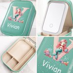 Personalized Fantasy Mermaid Initial Number Travel Jewelry Box with Name Changing Color LED Makeup Mirror Valentine's Day Birthday Gift for Girls