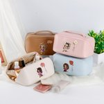 Personalized Cartoon Character Birth Flower Leather Makeup Bag with Name Portable Travel Accessories Wedding Birthday Gift for Women Girls