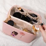 Personalized Cartoon Character Birth Flower Leather Makeup Bag with Name Portable Travel Accessories Wedding Birthday Gift for Women Girls