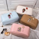 Personalized Cartoon Character Birth Flower Leather Makeup Bag with Name Portable Travel Accessories Wedding Birthday Gift for Women Girls