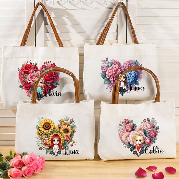 Personalized Cartoon Charact Flower Canvas Tote Bag with Leather Handle and Name Travel Accessories Wedding Valentine's Day Gift for Women Girls