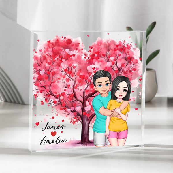 Personalised Cartoon Hugging Couple Pink Heart Tree  Acrylic Plaque with Name Desk Decor Valentine's Day Anniversary Gift for Couple