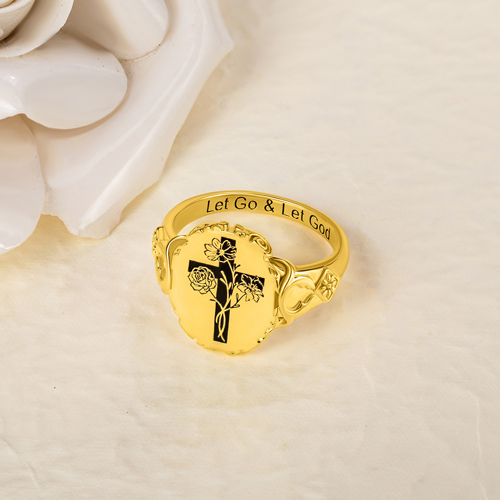 Bague sigillaire croix gravée Let Go And Let God avec bouquet de fleurs de naissance Bijoux Chrétiens Baptême Cadeau de Fête des Mères pour les Femmes