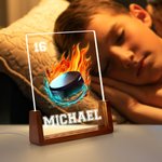 Personalisiertes Flammenball LED-Nachtlicht mit Namen Nummer Holz-Basis Schlafzimmer Dekoration Geburtstag Geschenk für Kinder Sportliebhaber