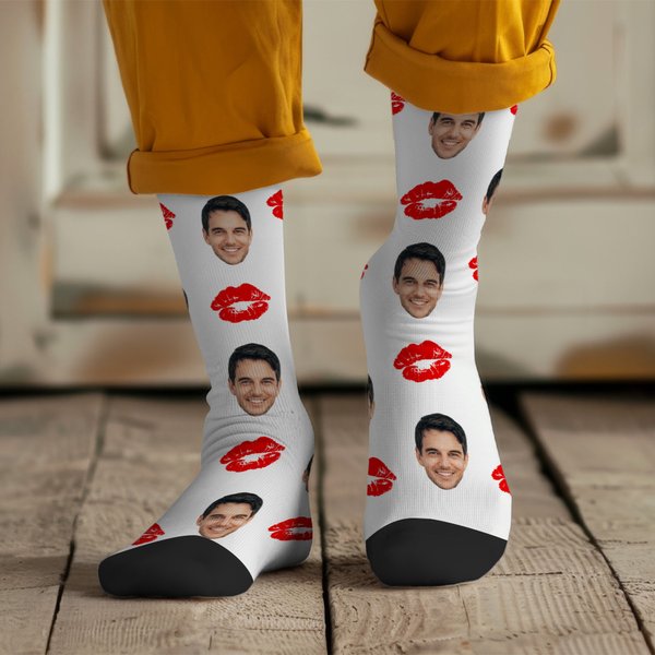 Personalized Multicolor Portrait Photo Red Lip Print Design Tube Socks Valentine's Day Anniversary Gift for Couple