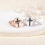 Personalized Engraved Let Go And Let God Cross Signet Ring with Birth Flower Bouquet Christian Jewelry Baptism Mother's Day Gift for Women