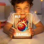 Personalisiertes Flammenball LED-Nachtlicht mit Namen Nummer Holz-Basis Schlafzimmer Dekoration Geburtstag Geschenk für Kinder Sportliebhaber