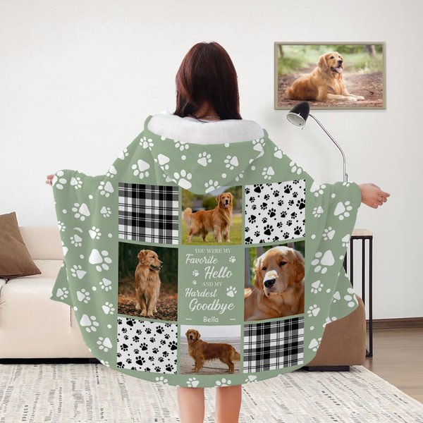 Gepersonaliseerde Paw Print 4 of 6 Hond Kat Foto Collage Zachte Hooded Deken met Naam Herdenking Sympathie Gift voor Verlies van Huisdier