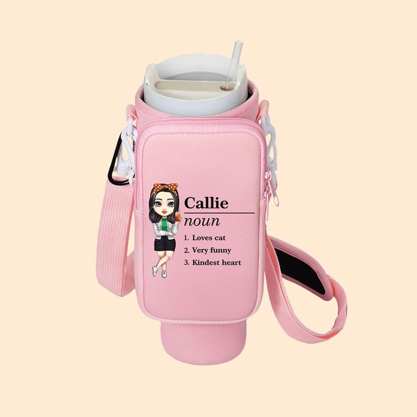 Personalised Cartoon Character Name Definition Water Bottle Carrier Bag with Pouch and Adjustable Strap Tumbler Accessories Birthday Gift for Women