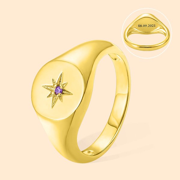 Chevalière Étoile Personnalisée avec Pierre de Naissance Bague Cadeau pour Femme