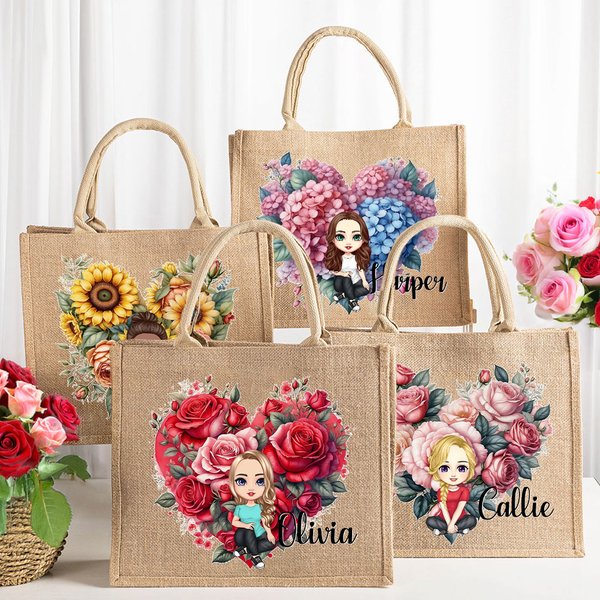 Personalized Heart-shape Flower Cartoon Character Jute Tote Bag with Name Valentine's Day Gift for Friend Family