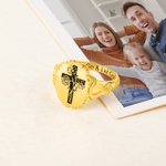 Personalized Engraved Let Go And Let God Cross Signet Ring with Birth Flower Bouquet Christian Jewelry Baptism Mother's Day Gift for Women