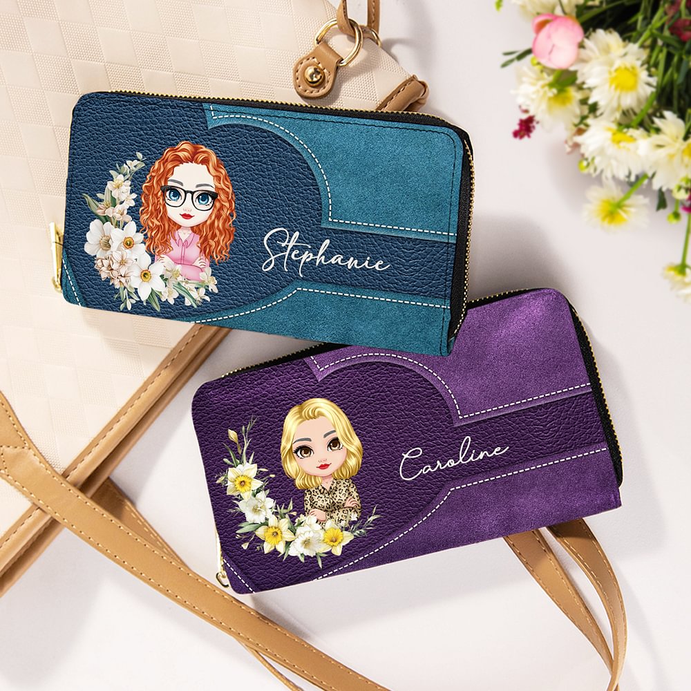 Portefeuille en Cuir PU Personnalisé avec Nom Personnage Couronne de Fleurs Accessoire de Compartiments Multiples Cadeau Anniversaire pour Femme