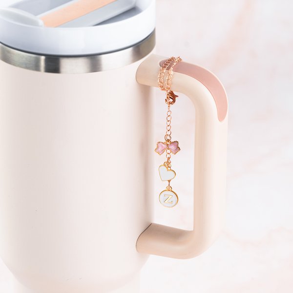 Personalised Pink Bow Heart Initial Water Bottle Handle Charm for Stanley Style Tumbler Valentine's Day Birthday Gift for Girls Women