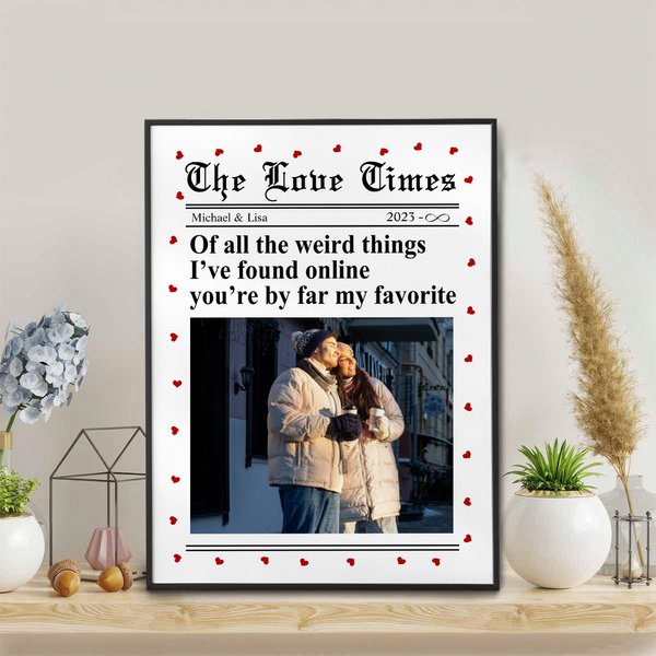 Personalised New York Times Style Love Heart Photo Canvas Painting with Names Year Wall Decor Birthday Valentine's Day Anniversary Gift for Couple