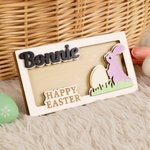 Porte-monnaie en bois avec nom gravé lapin de Pâques rose et bleu personnalisé Cadeau de Pâques pour enfants et adultes
