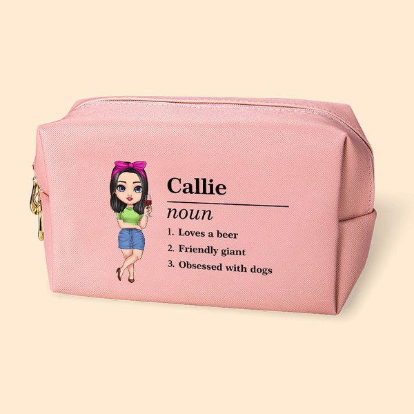 Personalized Stylish Name Definition PU Leather Makeup Pouch Bag with Cartoon Character Travel Accessory Birthday Gift for Women