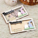 Porte-monnaie en bois avec nom gravé lapin de Pâques rose et bleu personnalisé Cadeau de Pâques pour enfants et adultes