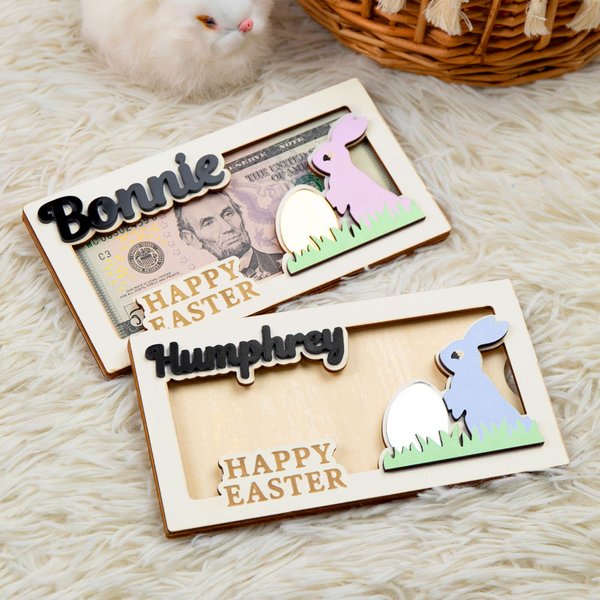 Porte-monnaie en bois avec nom gravé lapin de Pâques rose et bleu personnalisé Cadeau de Pâques pour enfants et adultes