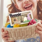 Porte-monnaie en bois avec nom gravé lapin de Pâques rose et bleu personnalisé Cadeau de Pâques pour enfants et adultes
