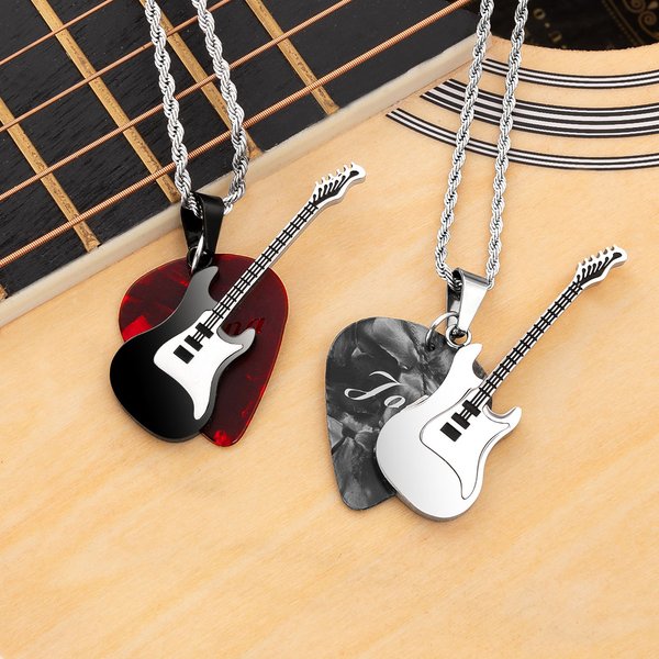 Personalised Guitar and Guitar Pick Pendant Necklace with Engraved Text Music Accessory Gift for Guitar Player Music Lovers