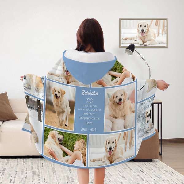 Gepersonaliseerde Hart Paw Print 10 of 12 Hond Kat Foto Collage Zachte Hooded Deken met Naam en Jaar Herdenkings Sympathie Gift voor het Verlies van e