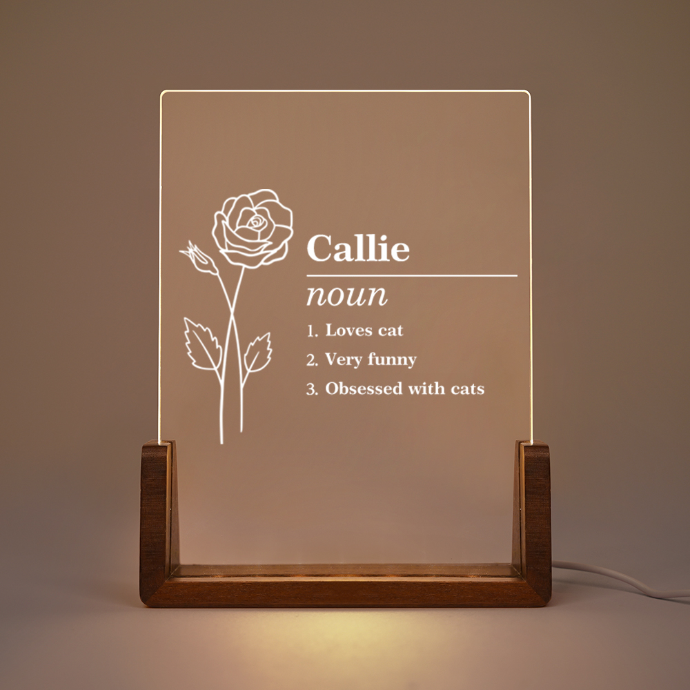 Fleur de naissance personnalisée Définition du nom Veilleuse LED Décoration de la maison Cadeau d'anniversaire pour les femmes