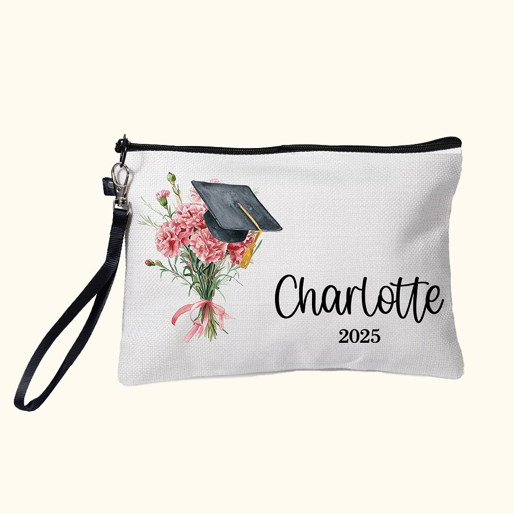 Cadeau de fin d'études personnalisé avec fleur de naissance, bonnet de fin d'études, trousse de maquillage avec nom, année et dragonne Cadeau de fin d'études