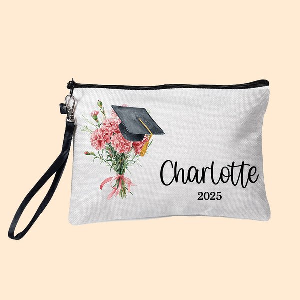 Personalisierte Geburt Blume Graduation Cap Makeup Tasche mit Namen Jahr und Armband Graduation Keepsake Geschenk für Absolventen