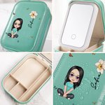 Caja de joyería personalizada con personaje de dibujos animados y flor de nacimiento con espejo LED de tres colores regalo para cumpleaños de mujeres