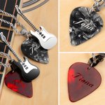 Personalized Guitar and Guitar Pick Pendant Necklace with Engraved Text Music Accessory Gift for Guitar Player Music Lovers