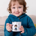 Taza personalizada de esmalte de 350ml con flor de nacimiento y nombre de niños y adolescentes de dibujos animados