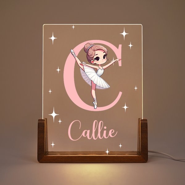 Gepersonaliseerd Zwanenmeer Ballet Meisje Naam Initialen LED Nachtlampje met Houten Voet Kid Slaapkamer Decor Verjaardagscadeau voor meisjes Ballet Lovers